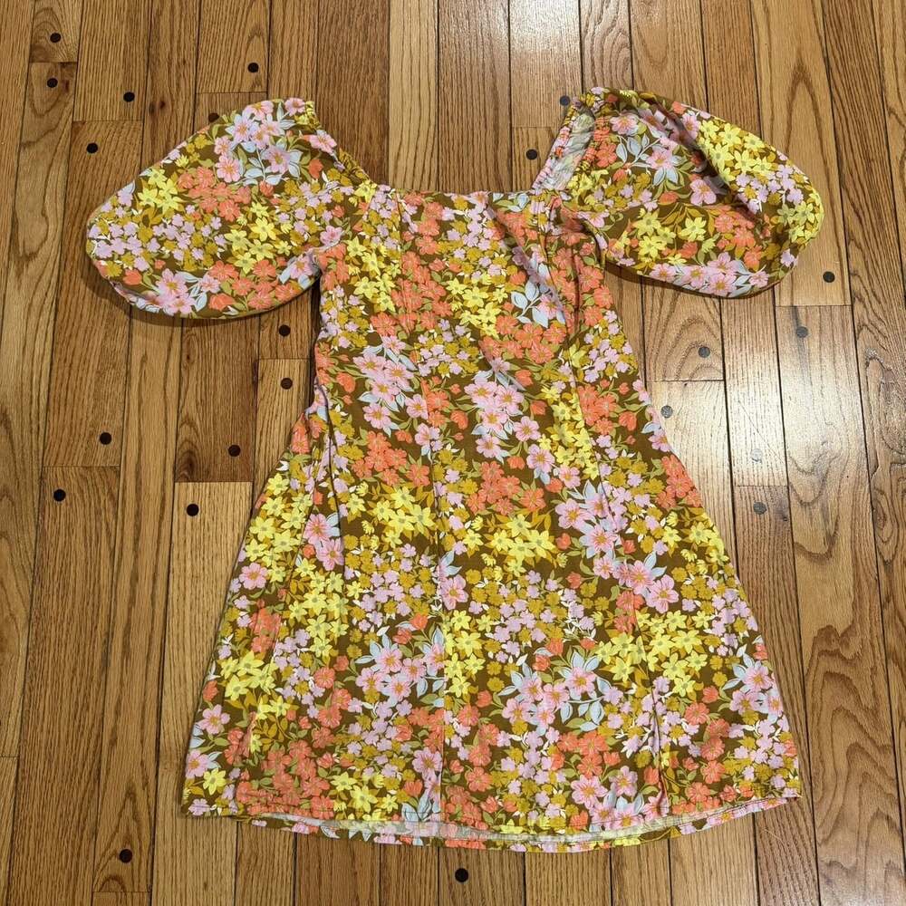 Billabong Women L Floral Mini Dress Square Neck Puff Sleeve Smocked Boho - Picture 7 of 12